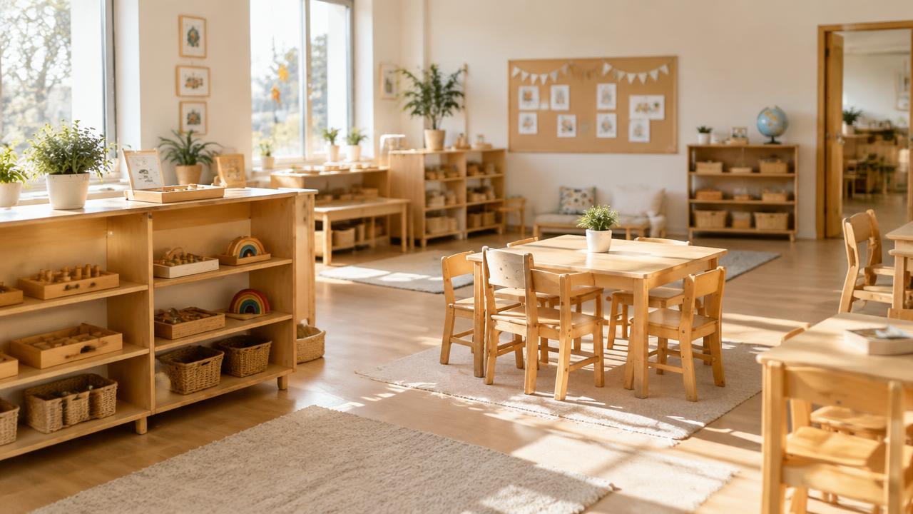 Ahşap raflar ve küçük sandalyelerle düzenlenmiş aydınlık anaokulu sınıfı