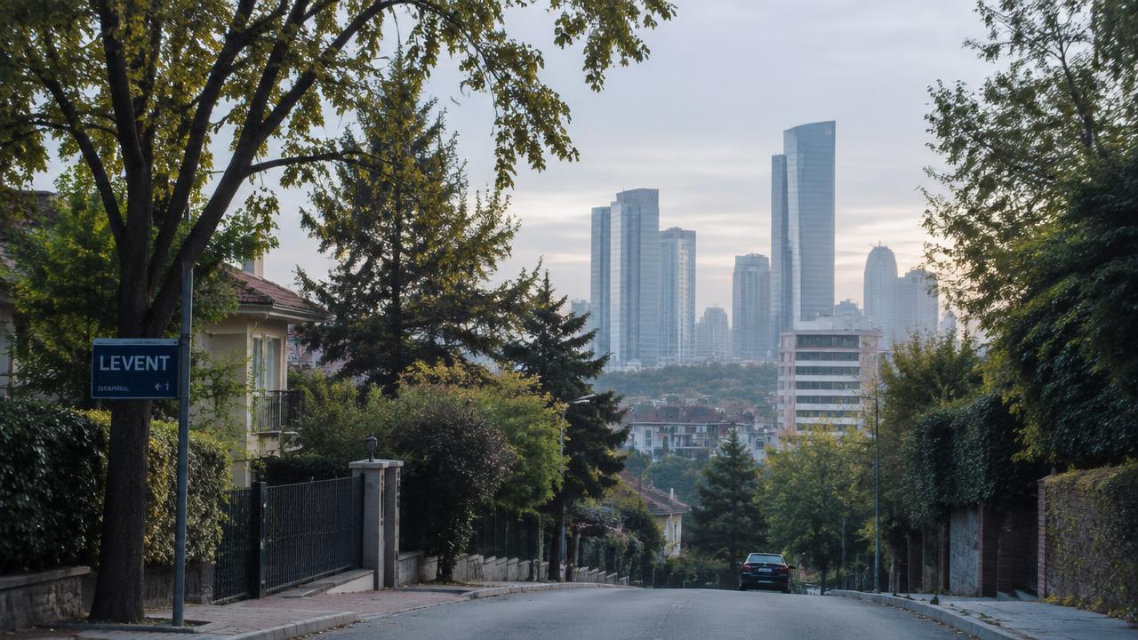 Levent’te ağaçlı bir konut sokağı ve arkada gökdelenler
